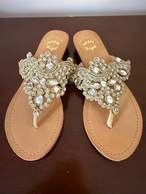Embellished Gold Jewel Thong Sandals for Women